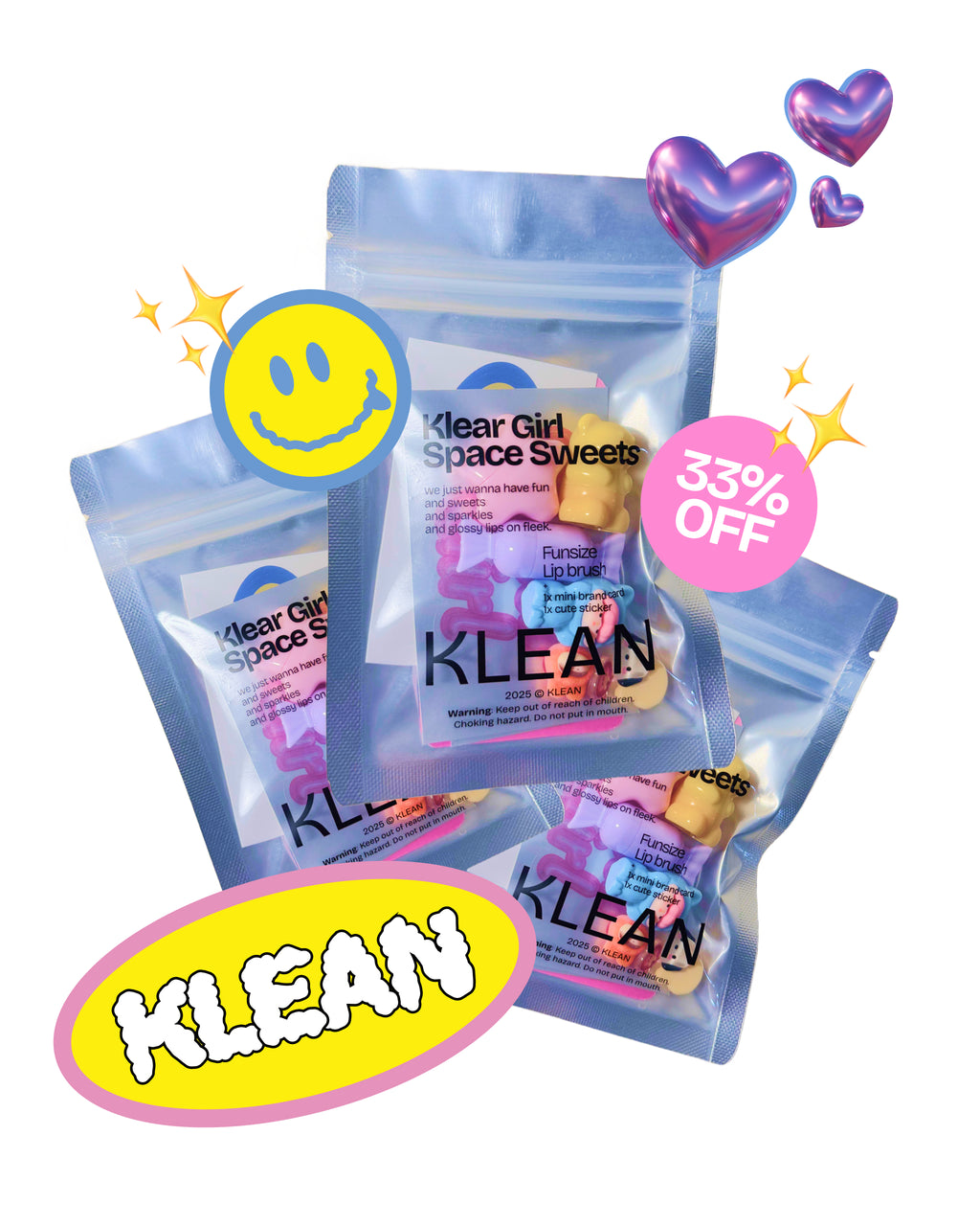 Three Klear Girl Space Sweets packages on a white background