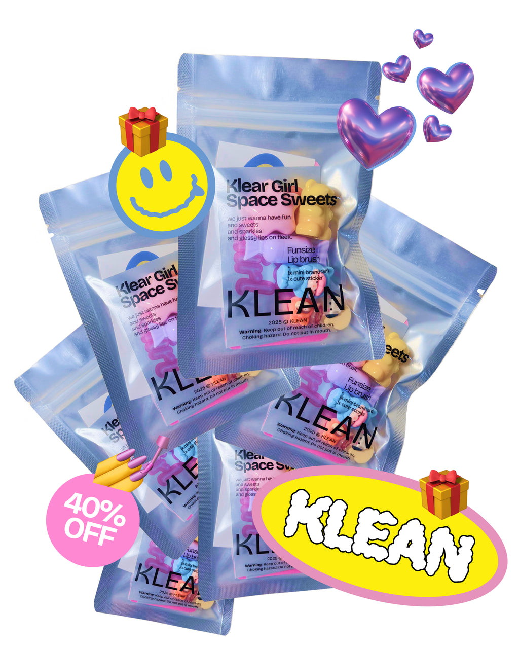 Six Klear Girl Space Sweets packages on a white background