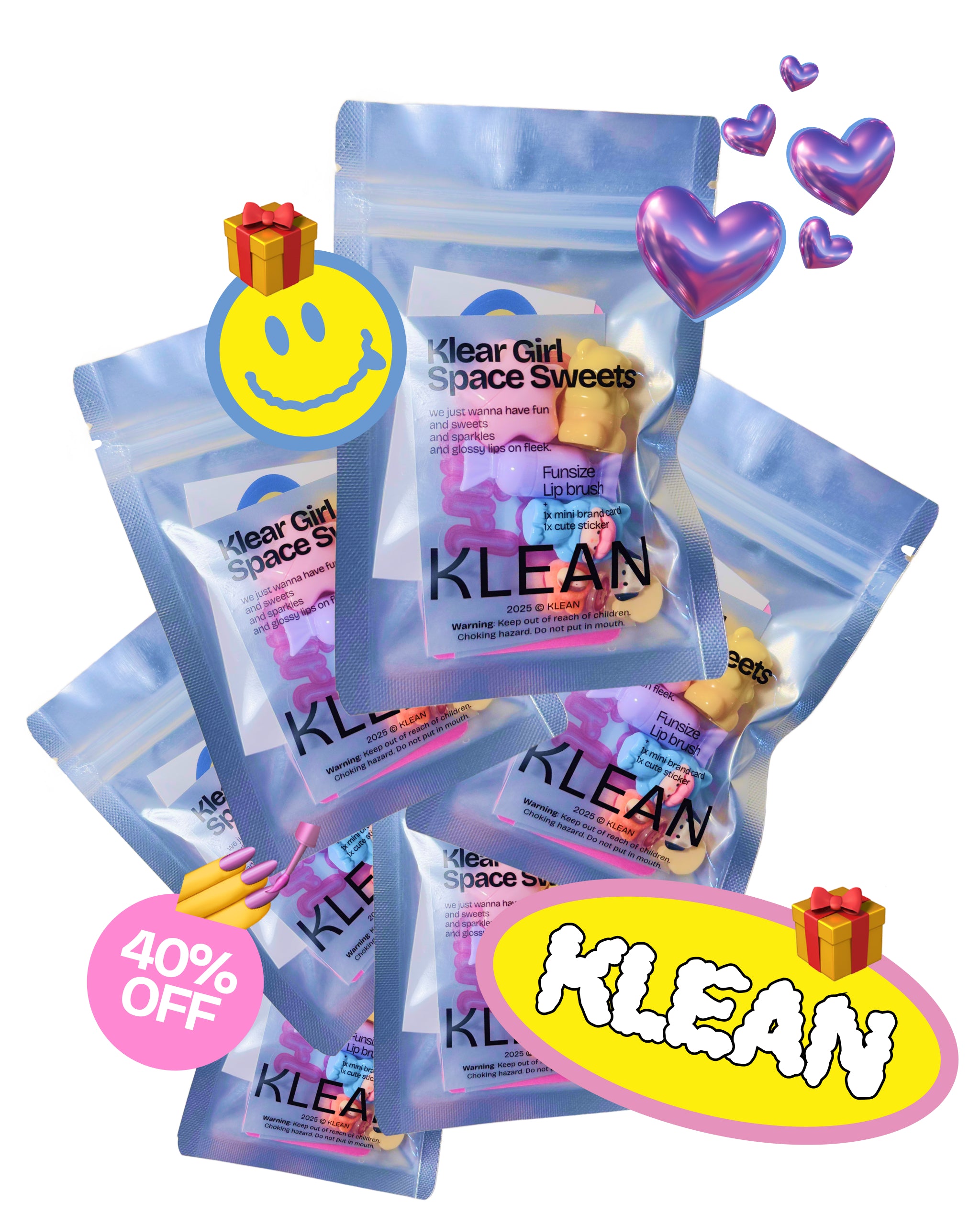 Six Klear Girl Space Sweets packages on a white background